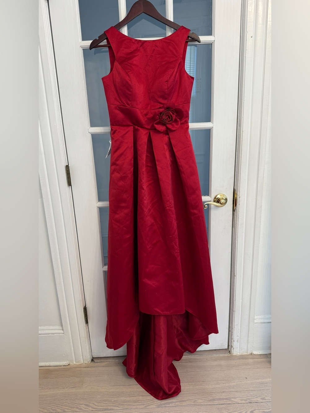 MISS VEIL Women's Red Satin Sleeveless Flower Waist High Low Formal Dress Size S